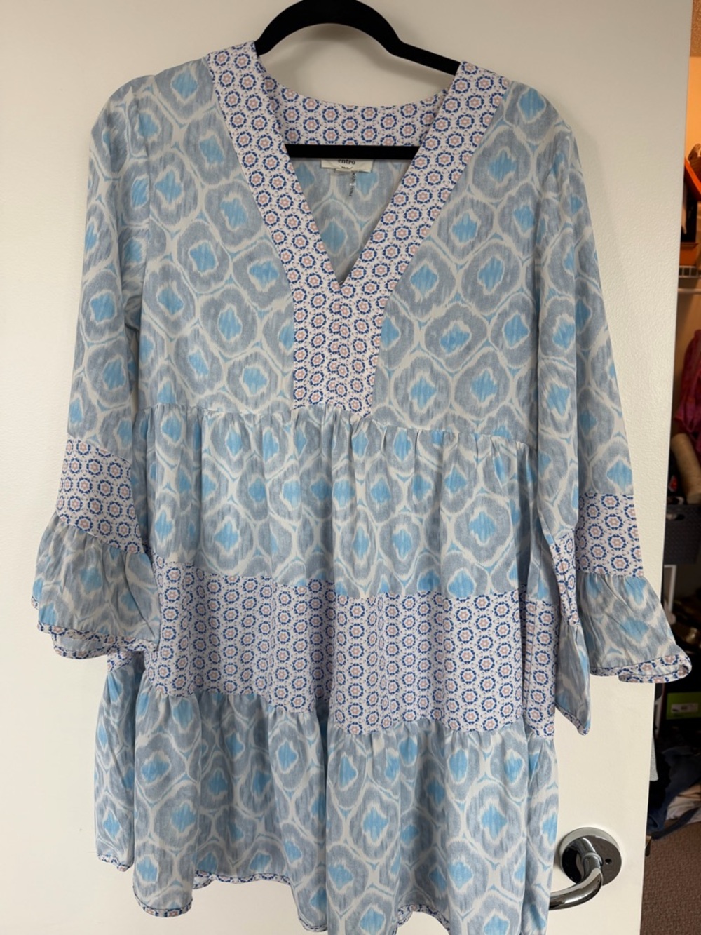 entro Light Blue and White Patterned V-Neck Tunic